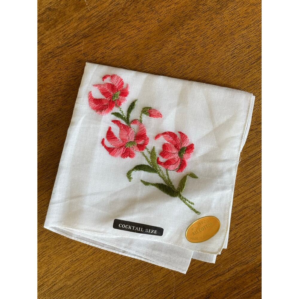 Vintage 1950s Swiss Cotton Cocktail Napkin Embroidered Floral NOS